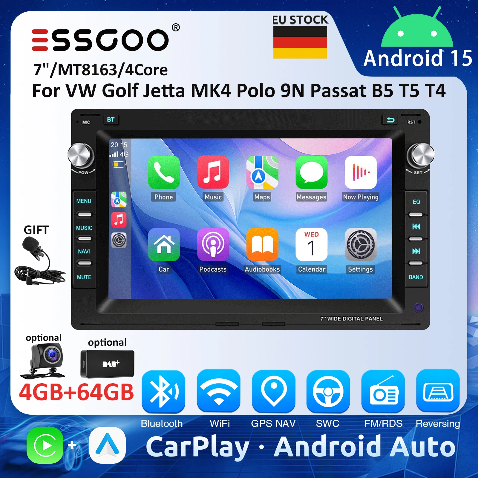 7-Zoll-Autoradio für VW Golf Jetta MK4 Polo 9N Passat B5 T5 T4 Android Auto Carplay Autoradio 4GB GPS Multimedia-Player für Fahrzeuge
