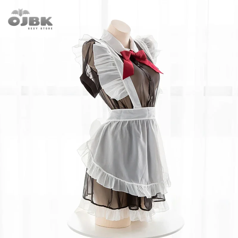 OJBK New Kawaii Sexy Transparent Cosplay Costumes Maid Sexy Lingerie for Women High quality Temptation Dress With Cute Bowknot