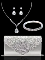 Bolso de mano de noche con lentejuelas brillantes y lujoso para mujer, combinado con un magnífico conjunto de collar, pendientes y pulsera de diamantes de imitación.