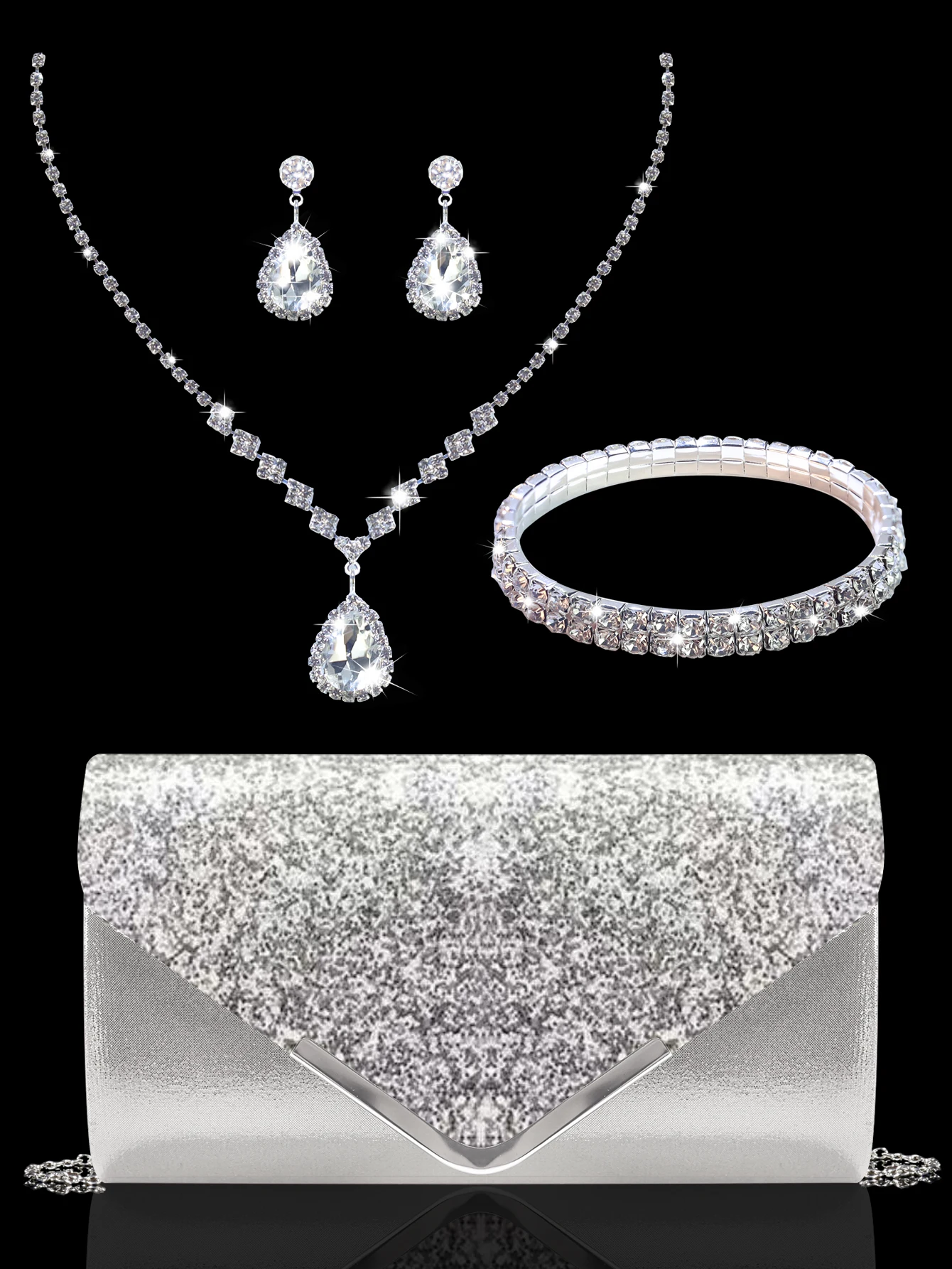 Sparkling and luxurious sequined evening clutch for women, paired with a gorgeous rhinestone necklace, earrings and bracelet set