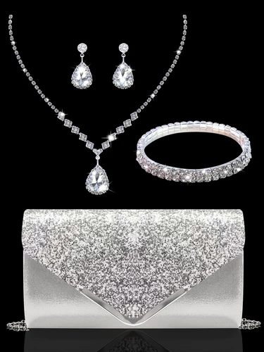 Bolso de mano de noche con lentejuelas brillantes y lujoso para mujer, combinado con un magnífico conjunto de collar, pendientes y pulsera de diamantes de imitación.