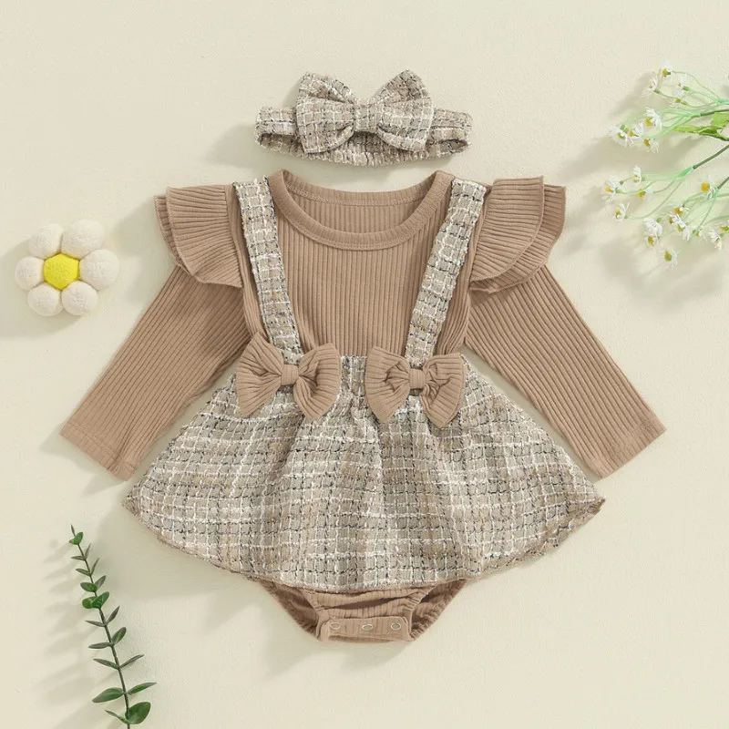 RUEWEY 0 to 18 Months Baby Girls Bodysuit Dress Autumn Clothes Ribbed Patchwork Long Sleeve Round Neck Jumpsuit with Bow