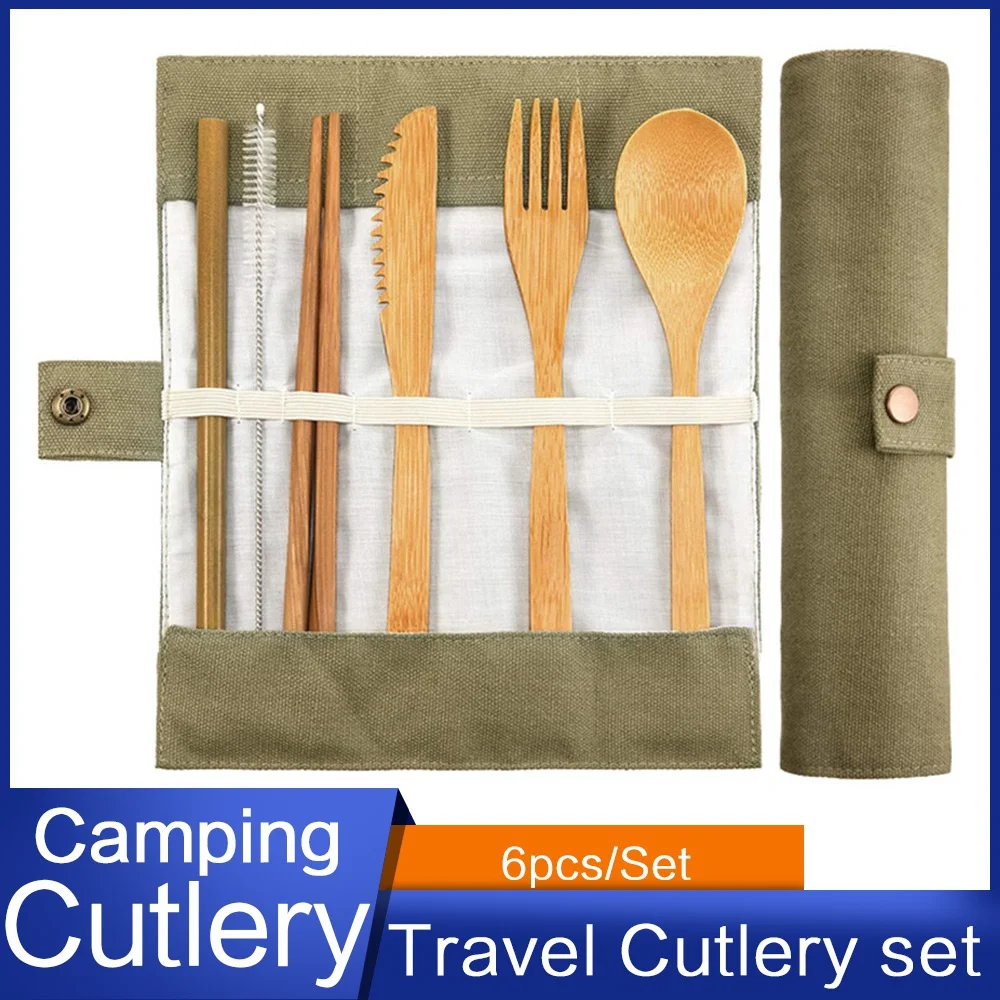 Bamboo Travel Tableware Reusable Bamboo Cutlery Set with Carrying Case Portable Wooden Dinnerware Bamboo Charcoal Toothbrush