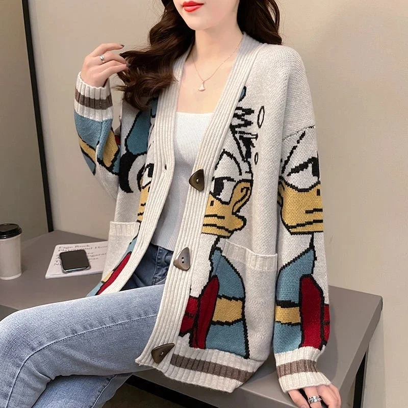 Disney cartoon Donald Duck jacquard knitted cardigan jacket sweater women new spring and autumn Korean version loose lazy style