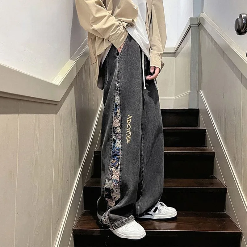 Men's jeans trend Embroidery printed flower drawstring pants fashion street hip-hop jeans loose casual wide-leg straight pants