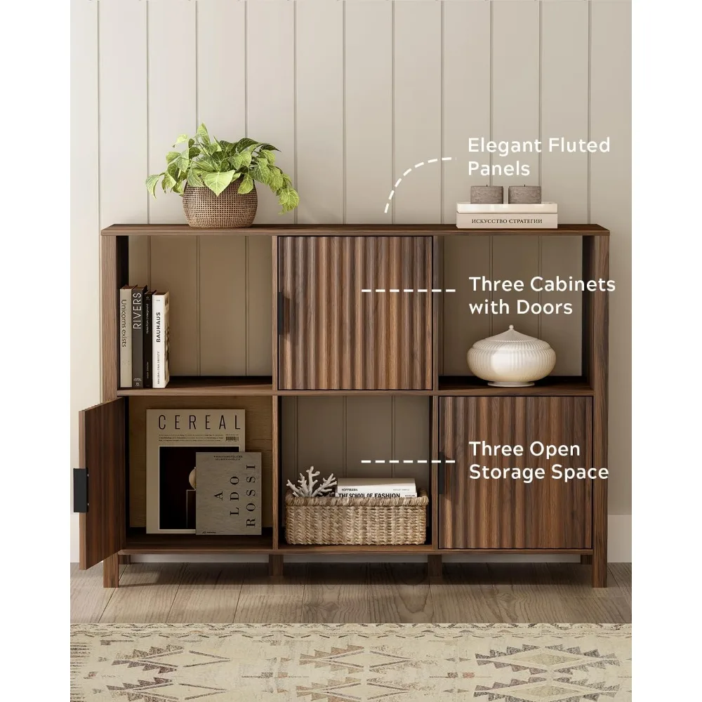 Modern Cube-Style Bookshelf with 3 Open Shelves and 3 Doored Cabinets for Home Storage