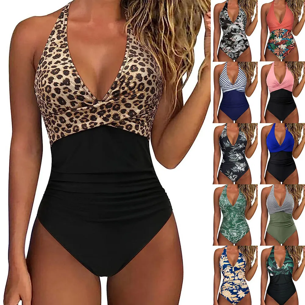 

Women Sexy Wrinkled One Piece Swimsuit Leopard Printed Bodysuit Bikini Set Summer Fashion New Beachwear 2025