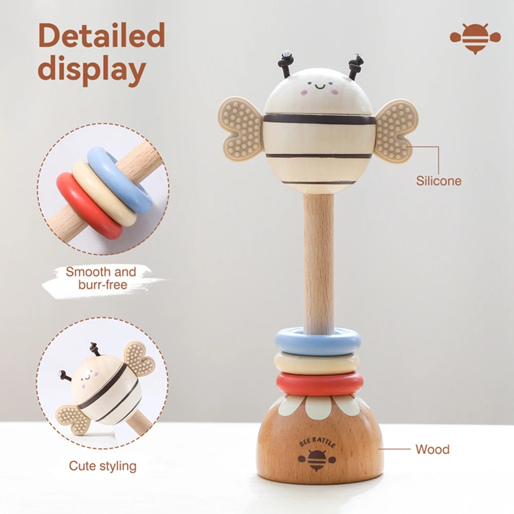 나무로 만든 만화 벌 딸랑이 장난감 몬테소리 음악 장난감 0-12개월 유아 음악 감각 발달 악기 선물