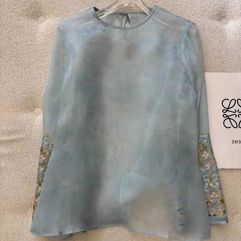 

Винтажная тонкая прозрачная шелковая блузка в китайском стиле с вышивкой, женские дышащие женские топы с длинными рукавами