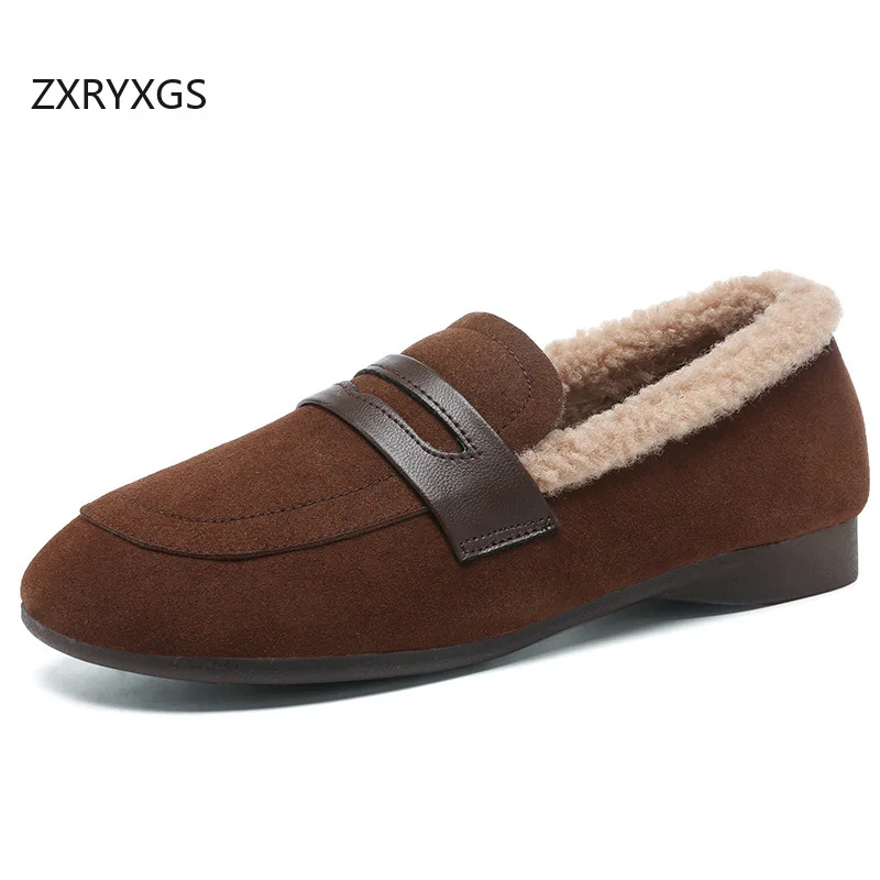 ZXRYXGS قسط البقرة المدبوغ الشتاء حذاء مسطح امرأة جديدة 2025 حجم كبير جولة تو Cimfort حذاء ثلج دافئ موضة حذاء كاجوال الشقق