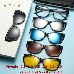 VCKA Cat's Eye Women Polarized Optical Myopia Sunglasses Magnet Clip Glasses Frame 6 In 1 Custom Prescription Eyewear -0.5~-6.0