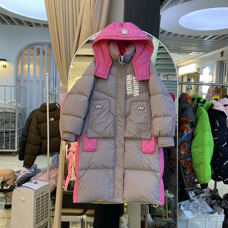 Fashion Color Blocking 90 White Duck Down Jacket Parka Medium Length Hooded Warm Overcoat For Winter Loose European Down Jackets