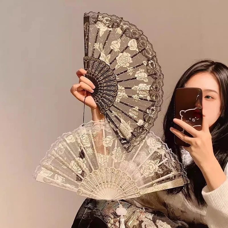 Black White Dancing Fans Lace Decorative Fans Folding Hand Fan Wedding Party Stage Performance Fan Gifts For Guest