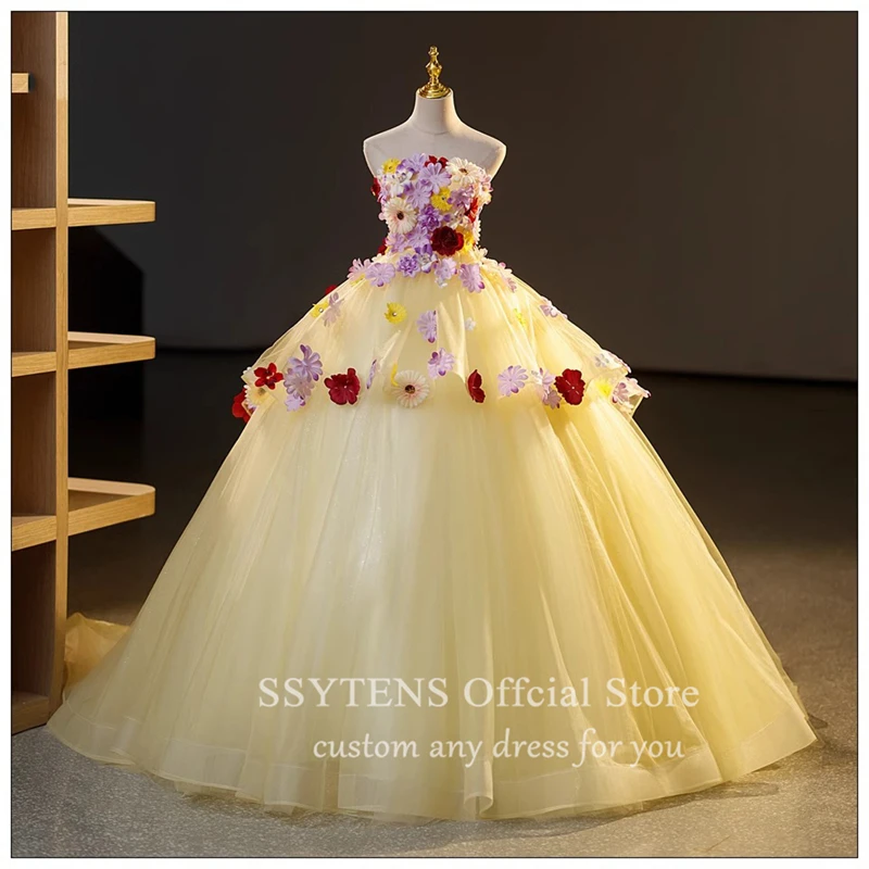 Colorful Special Occasion Party Dresses Formal Lace Handmade Flowers Luxurious Saudi Evening Dress Yellow Performance Ball Gowns