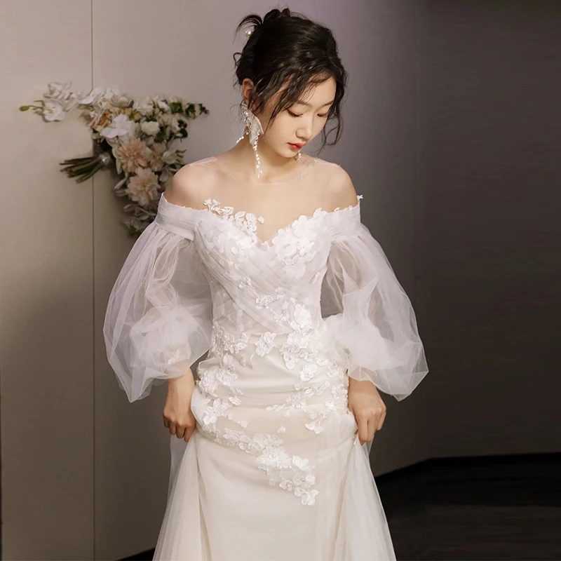 

Новое свадебное платье 2023 года: Сказочное кружевное платье невесты на одно плечо для выездной церемонии, корейский стиль, полиэстер, сетка
