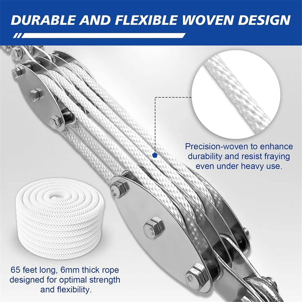 A002 Block and Tackle Pulley System, 4-Wheel Rope Pulley Hoist,2200LB Work Load with 65Ft of 1/4 Inch Rope,Compact Rope Black