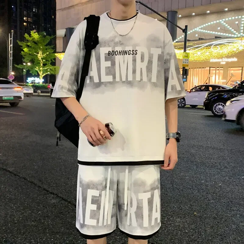

Men's Summer Two-Piece Set Ice Silk Oversized T-Shirt And Shorts Casual Outfit Letter Print Men's Sets Plus Size 5XL-M 4Colors