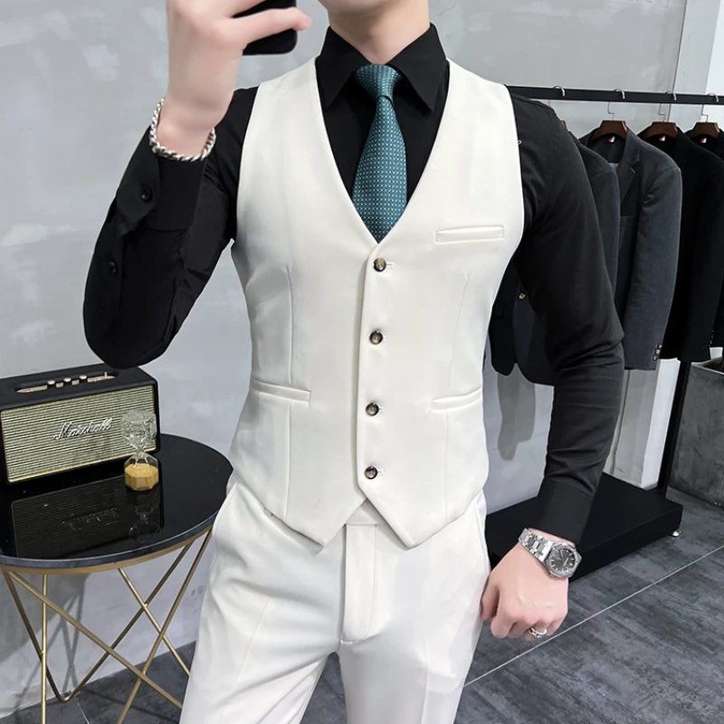 (Jackets+Vest+Pants) Men Spring High Quality Business Suits Male Slim Solid Color Double Breasted Groom\'s Wedding Dress Blazes