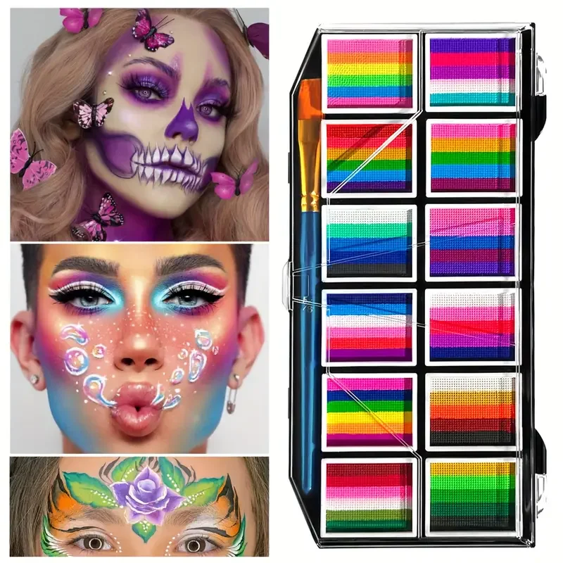 12-Color Rainbow Face and Body Paint Kit, Water-Soluble, Vibrant Palette with Brush for Halloween, Cosplay, Parties,Party Makeup