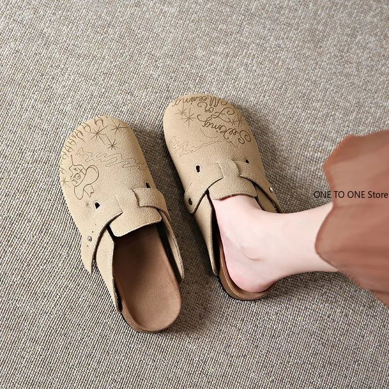 Plus Size Faux Suede Flat Birken Slippers Women Vintage Close Toe Mules Shoes Woman Soft Sole Cork Slides Outdoor Slippers