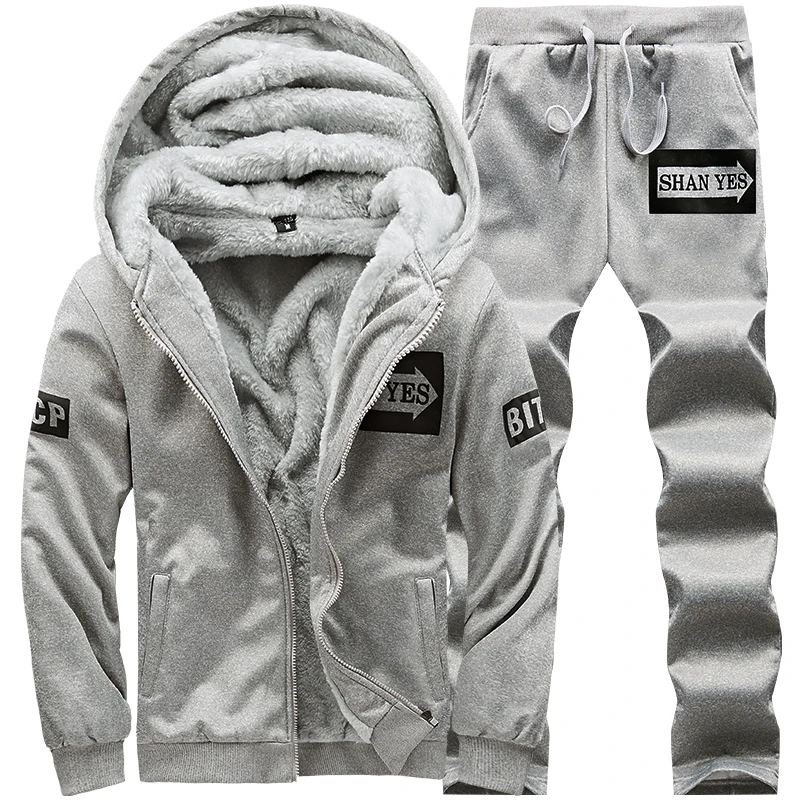 New Fleece Men Set Fashion Brand Tracksuit Lined Thick Sweatshirt + Pants Sportswear Suit Male Winter Warm Hooded Outerwear Suit