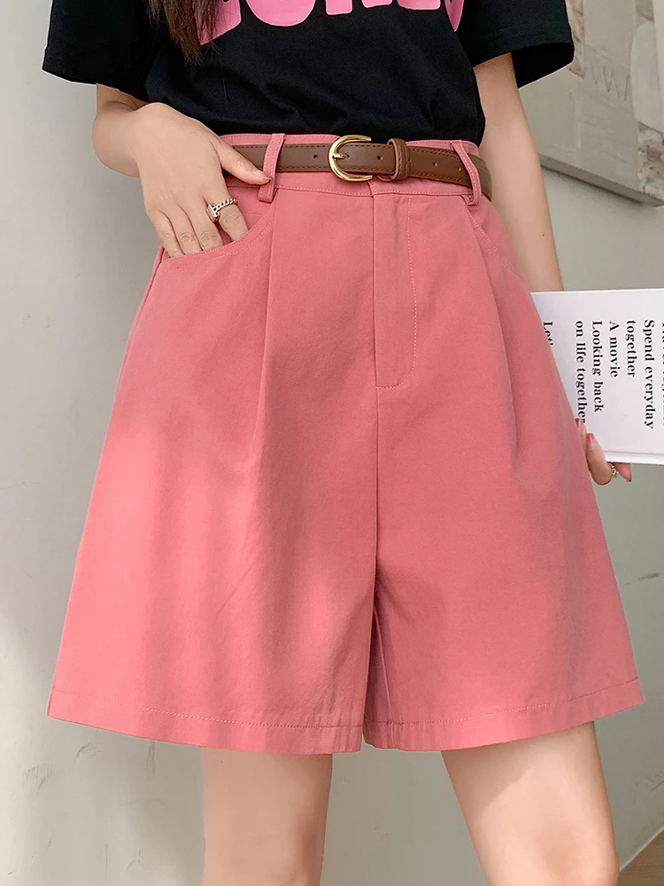 Pink Loose Knee Length Women Summer Cargos Shorts With Belt High Waist Wide Leg Capris Trousers Casual Bermuda