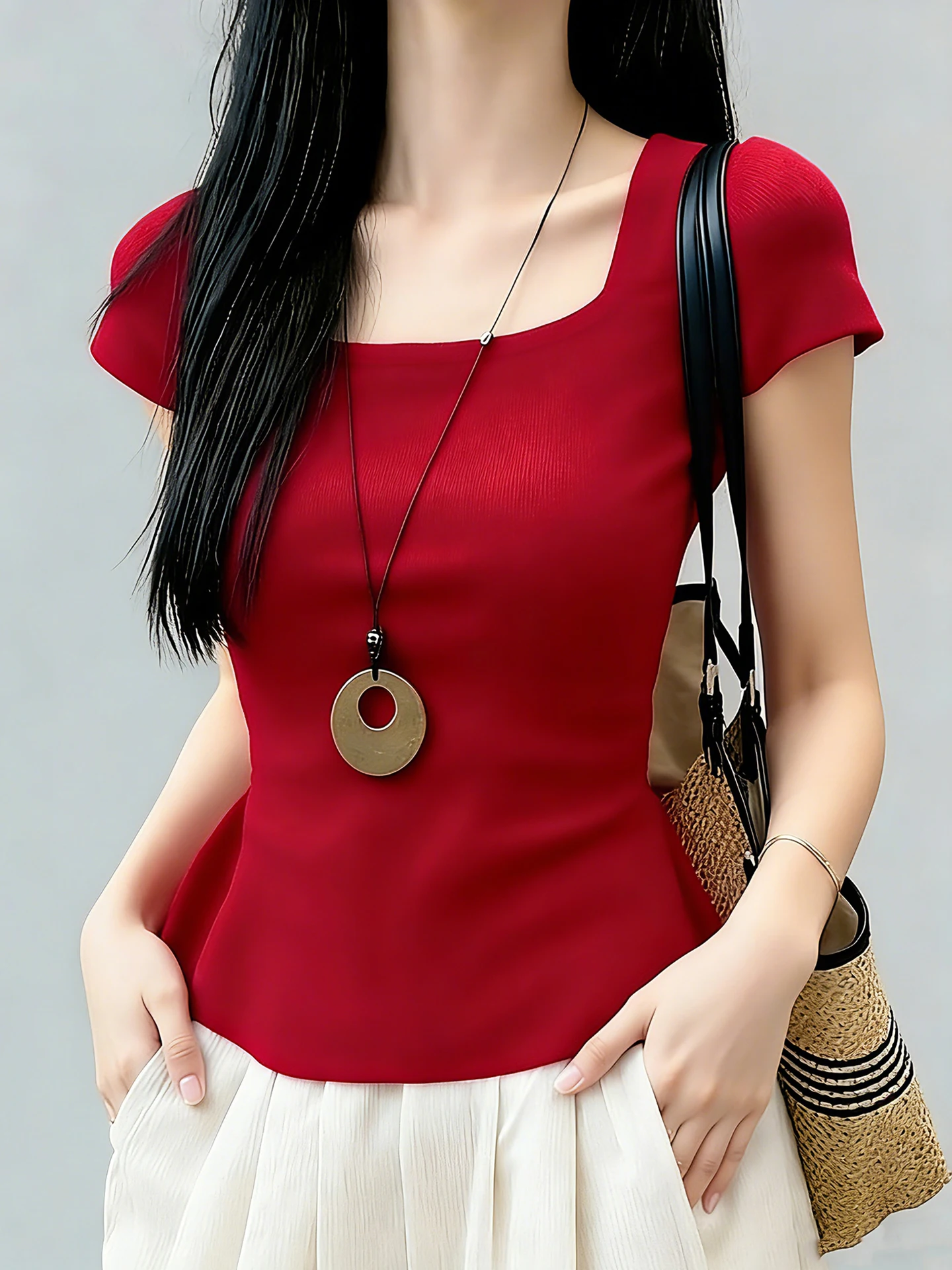 

Slimming Red Knitted T-Shirt Square Collar Short Sleeve Commute Style Casual Wear Summer Versatile Women's Fashion Top