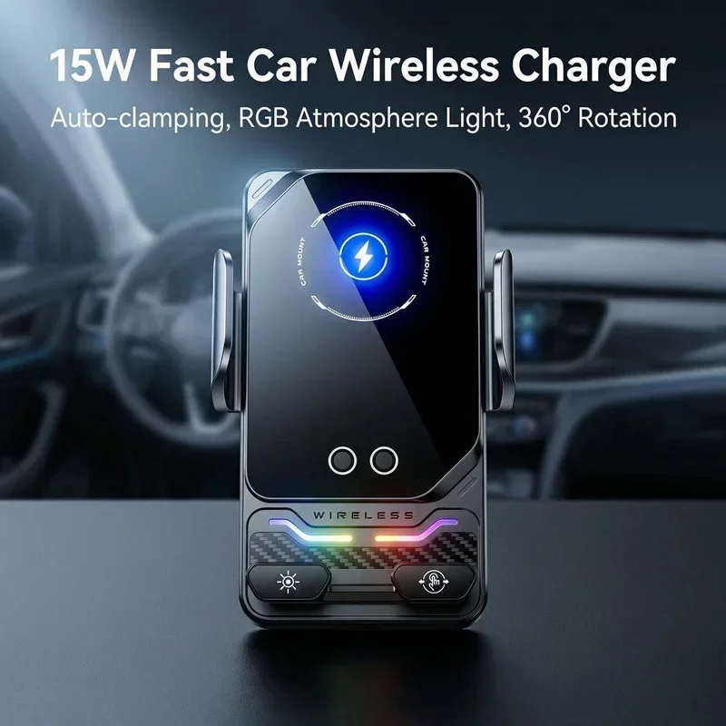 15W Kabelloses Ladegerät Universelle Auto-Handyhalterung mit Auto-Sensing RGB-Licht für Samsung S26 iPhone 17 16 15 14 13 12 11 Pro Max – Detail 5
