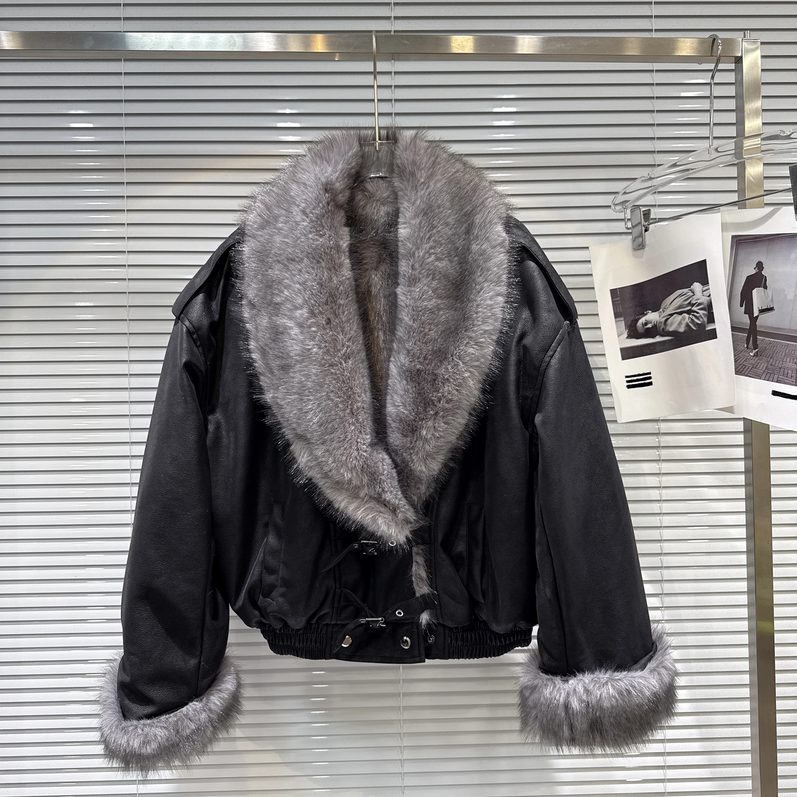 Amerykańska moda streetwearowa, kurtka z imitacji futra z kołnierzem, gruba, pluszowa, luźna, ciepła, krótka kurtka damska, zimowe płaszcze motocyklowe.