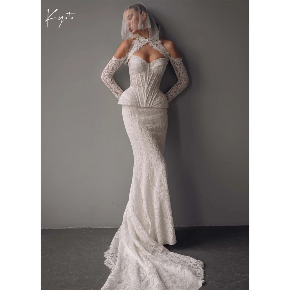 京都カスタムオフホワイトレースウェディングドレスホルターネックロングスリーブジップvestidos de noivaマーメイドイブニングドレス2025