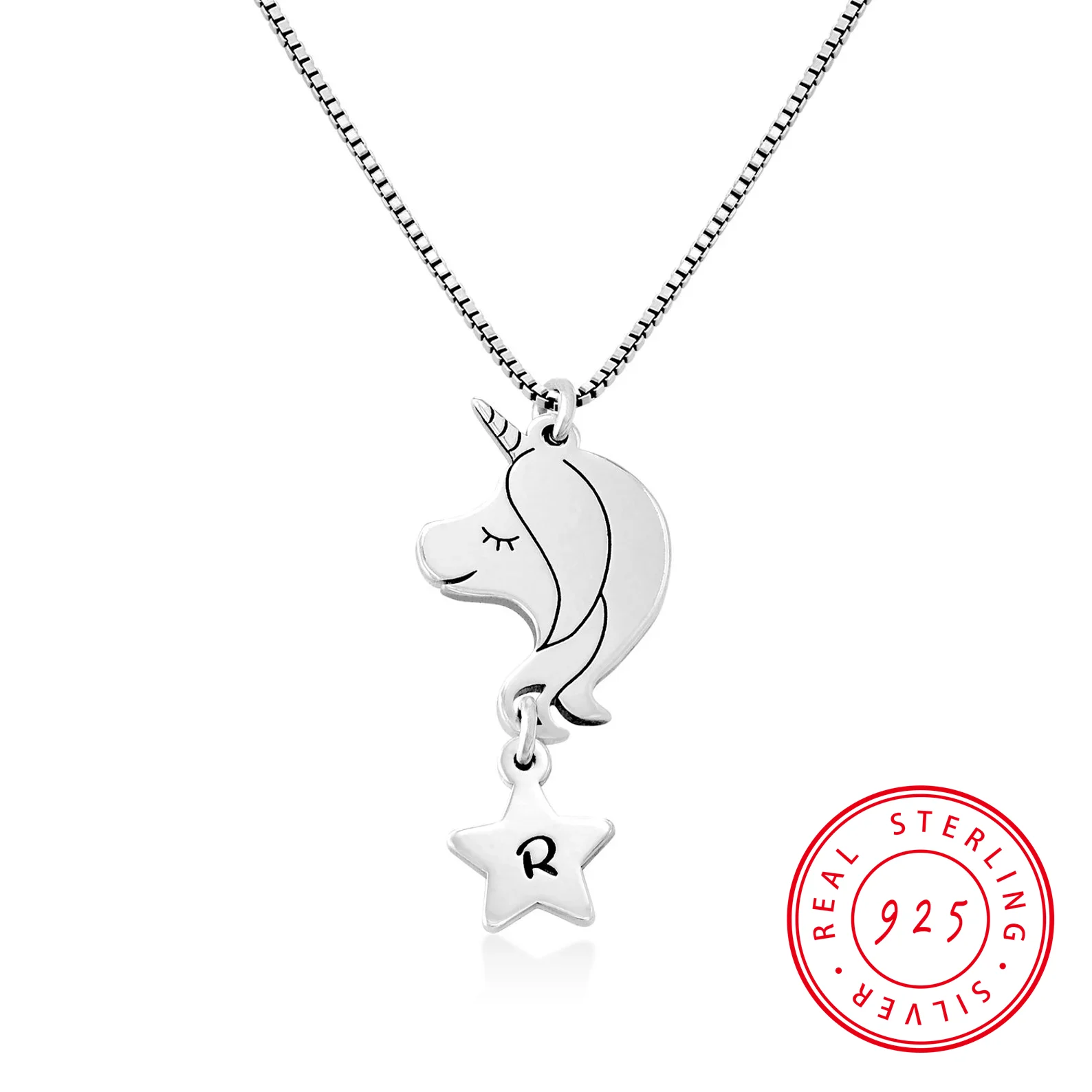 

Engraved Kid Unicorn Star Charm Initial Pendant Name 925 Silver Necklace -Personalized Mothers Day Birthday Gift for Daughter