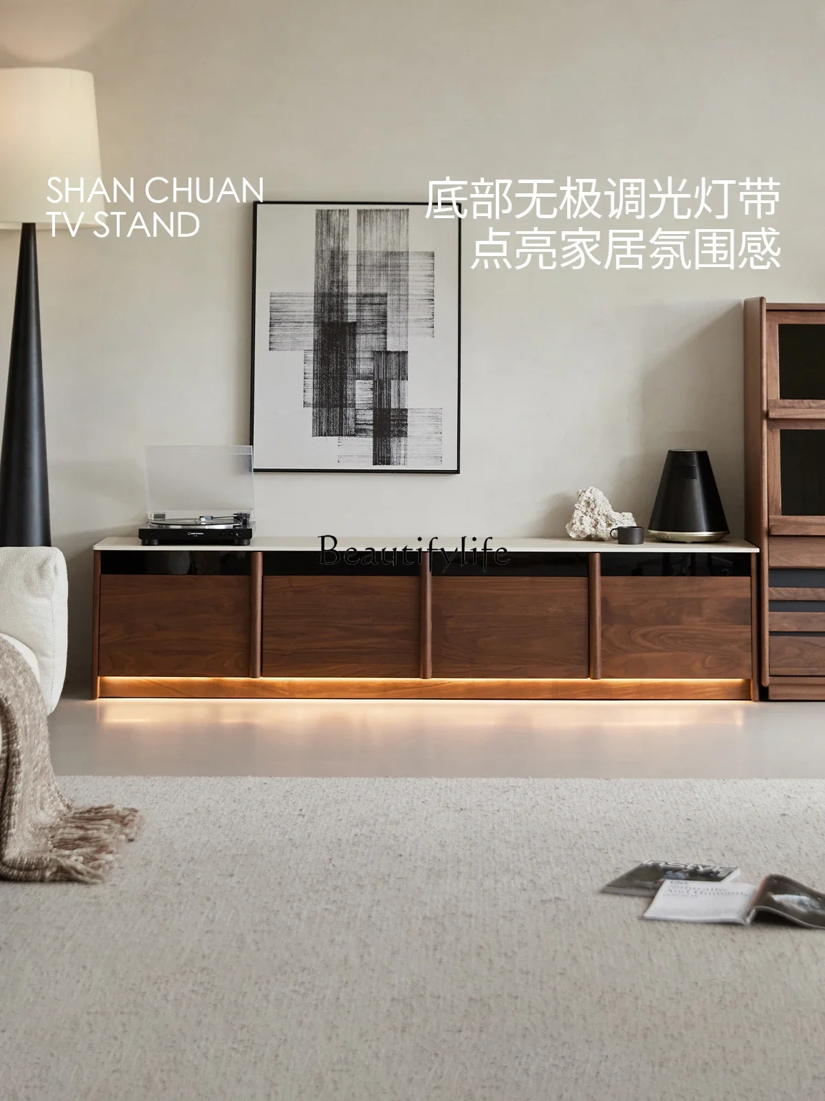 

yj5 Solid wood TV cabinet floor-to-ceiling North American black walnut living room small apartment storage locker