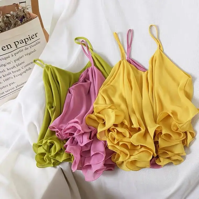 2026 Zomer Casual chiffon Shirts, Vrouwen spaghetti Band Blouse vest, dubbele ruches vestidos shirts vest tops