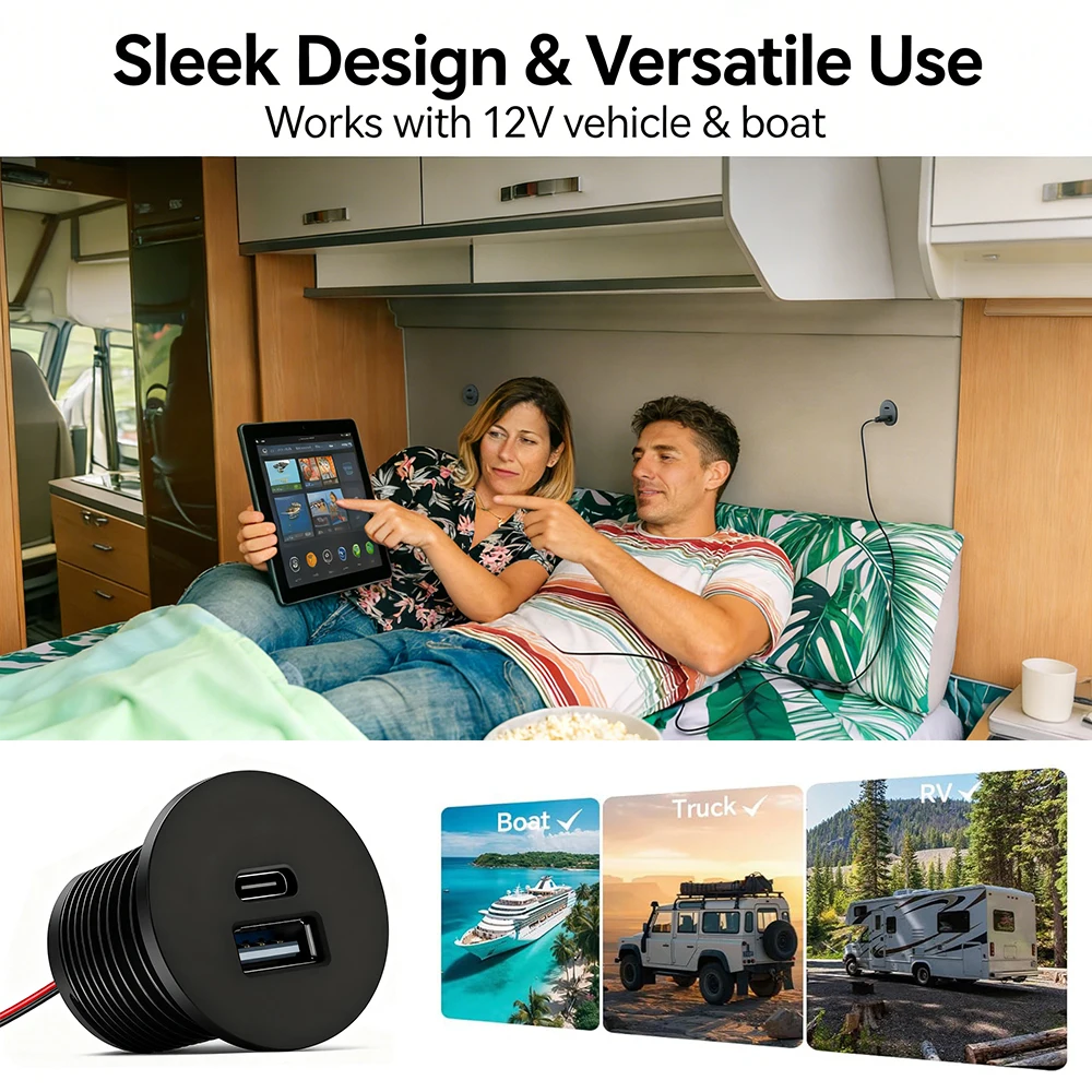 12V USB-Steckdose PD Typ-C USB-A Dual-Port-Buchse Zigarettenanzünder-Ersatz für Laptop, Wohnmobil, Anhänger, LKW, Boot, Golfwagen – Detail 6