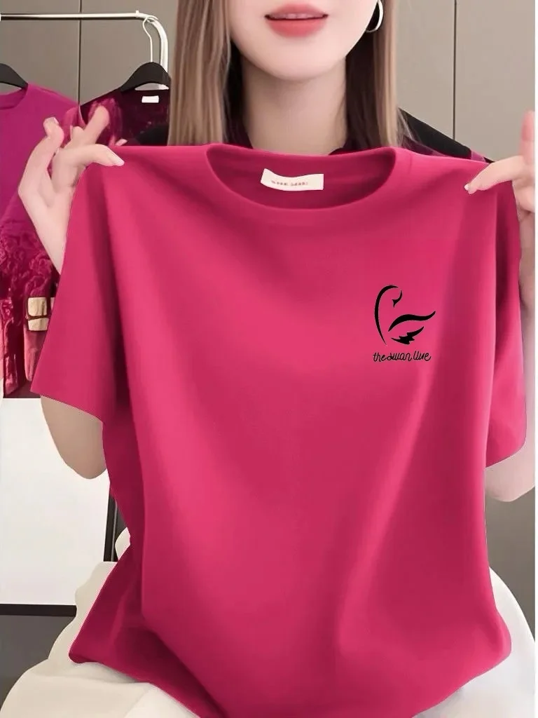 

High-End Short-Sleeve T-Shirt Women's Loose round Neck Printed Slimming Large Size Casual Top Summer New Style Breathable Pol...