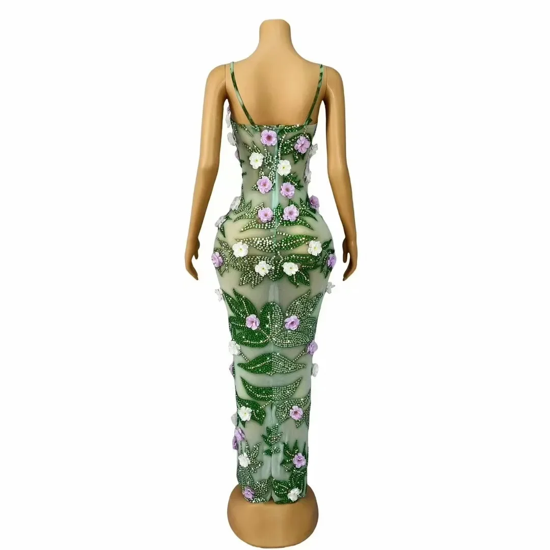 Comemorar aniversário sessão de fotos palco realizar traje vestido de festa à noite feminino sexy palco strass flor vestido sem alças