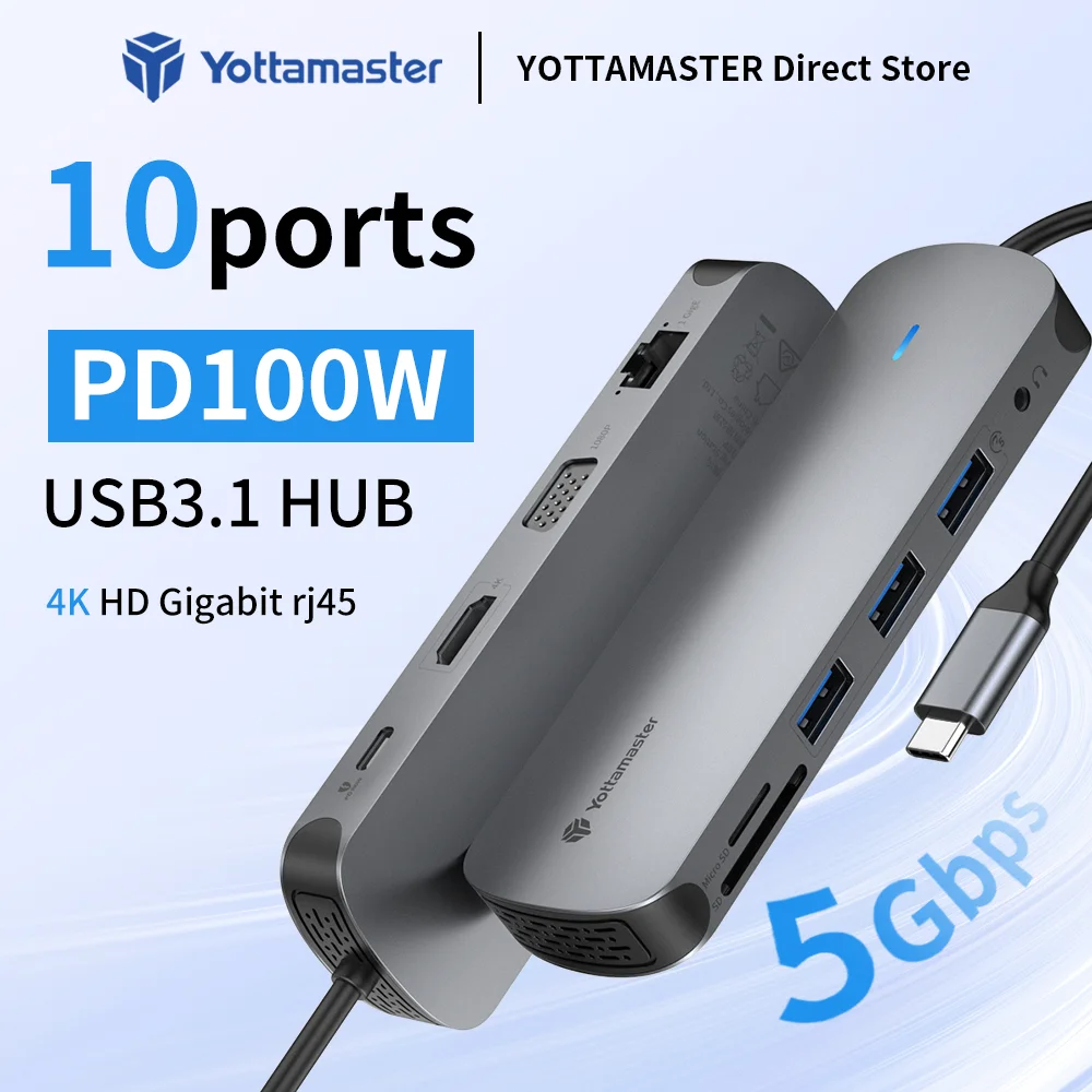 Yottamaster USB HUB 9-in-1 4K60Hz HDMI PD100W RJ45 SD/TF USB3.2 Gen2 Adapter Type C 5Gbps For PC iOS Computer Accessorie