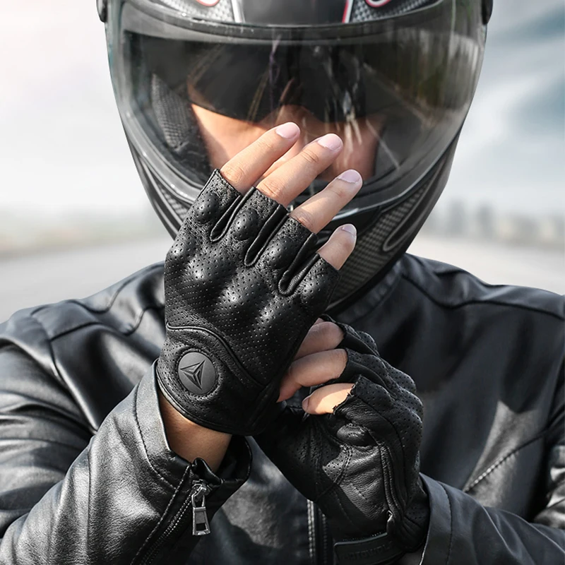 Gants de moto respirants en cuir véritable, équipement de protection pour motocross, gants d\'équitation demi-doigts, écran tactile, hiver et été