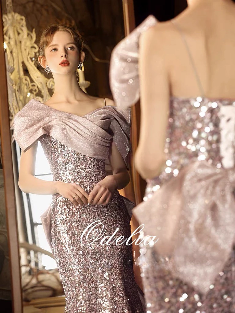 Shiny Grayish Purple Prom Dress Off Shoulder Spaghetti Cap Sleeve Senior Luxury Mermaid Backless Bow Wedding Toast Evening Gown