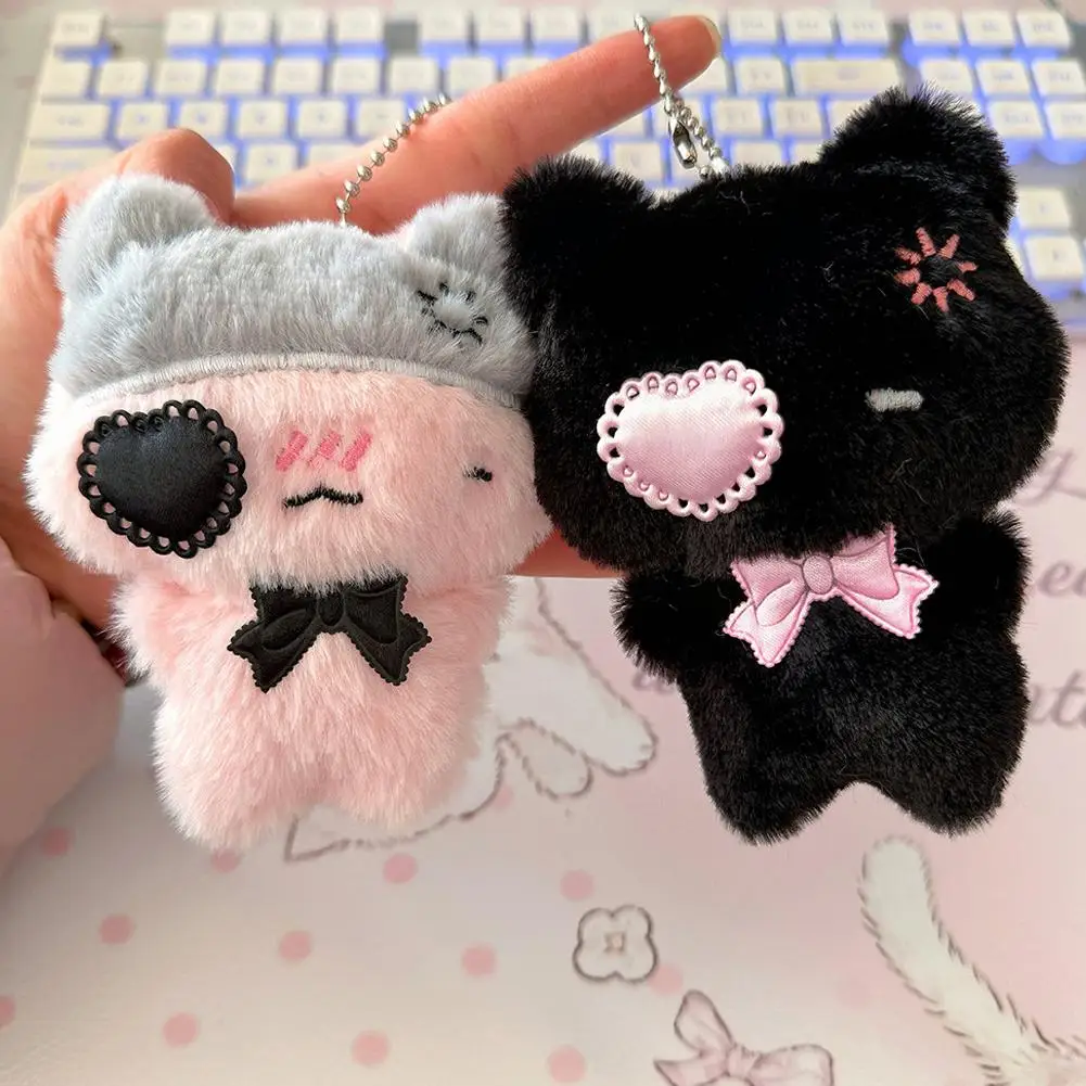 Kawaii Plush Cat Keychain Y2K Heart Eye Patch Kitten Bag Pendant Cute Bow Animal Ornament Girl Jewelry Gift