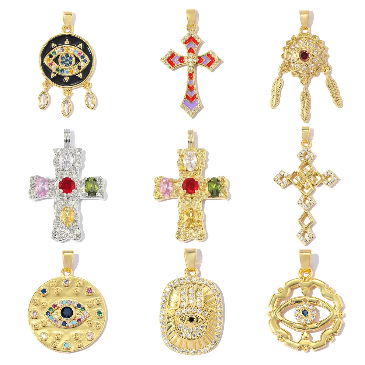 3pcs/Lot Enamel Dream Catcher Evil Eye Hamsa Hand Copper Zircon DIY Charm Wholesale Women Cross Flower Necklace Pendant Jewelry