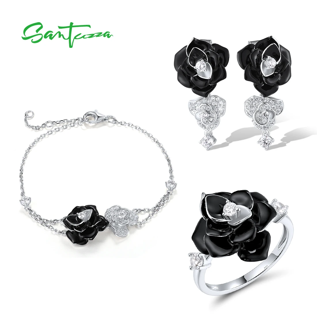 

SANTUZZA 925 Sterling Silver Jewelry Set for Women Enamel Black White Flowers Bracelet Earrings Ring Vintage Style Fine Jewelry