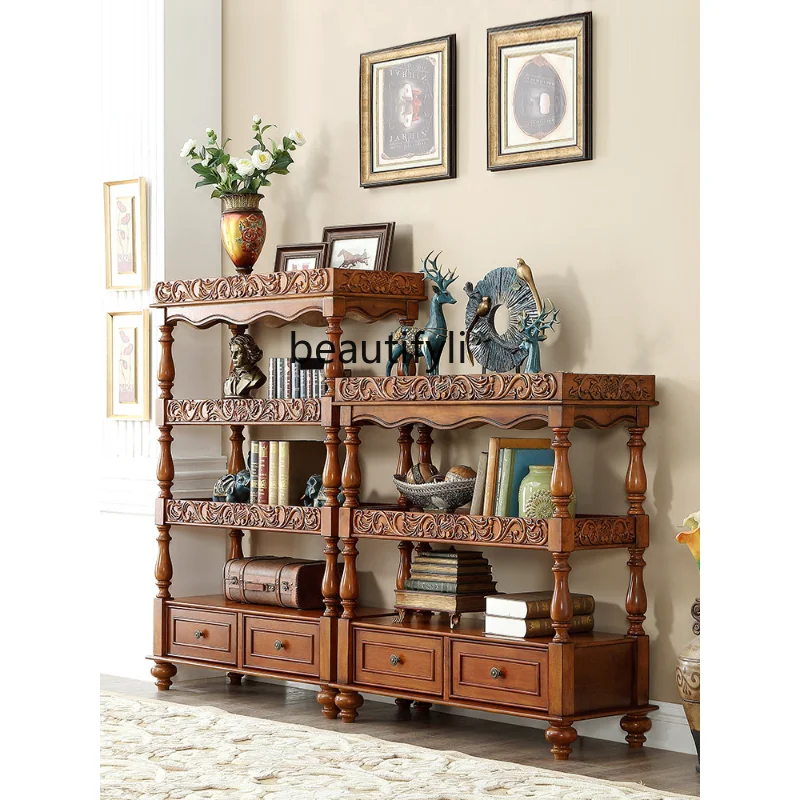 

American-Style Solid Wood Bookshelf Carved Bookcase Floor Retro Living Room Partition Bookcase Porch Cabinet Antique Shelf