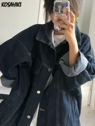 Vintage Denim Jackets Women Harajuku Dark Blue Jeans Coat Korean Fashion Oversized  Y2k Aesthetic Grunge Outwear