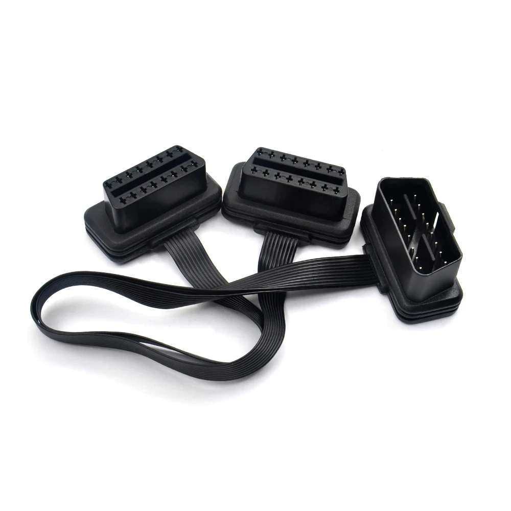 Flat+Thin 16Pin OBD2 Extender OBD2 16 Pin ELM327 Male To Dual Female Y Splitter Elbow OBDII Extension Connector Cable