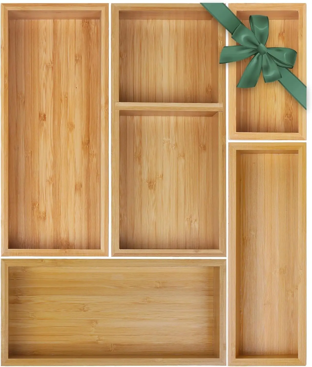 

Bamboo Drawer Organizer Set, 5 PCS Multi-Use Storage Trays for Kitchen, Bathroom, Office Desk, Makeup, Jewelry, Utensils