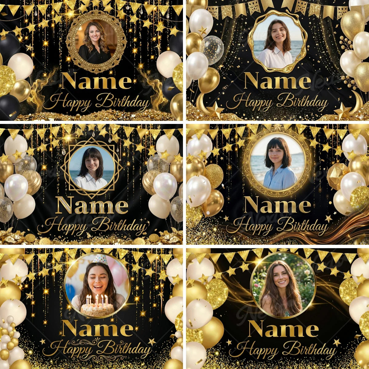 Elegant Black Gold Customizable Name Banner Photo Birthday Backdrop for Women Men Personalized Celebration Decoration
