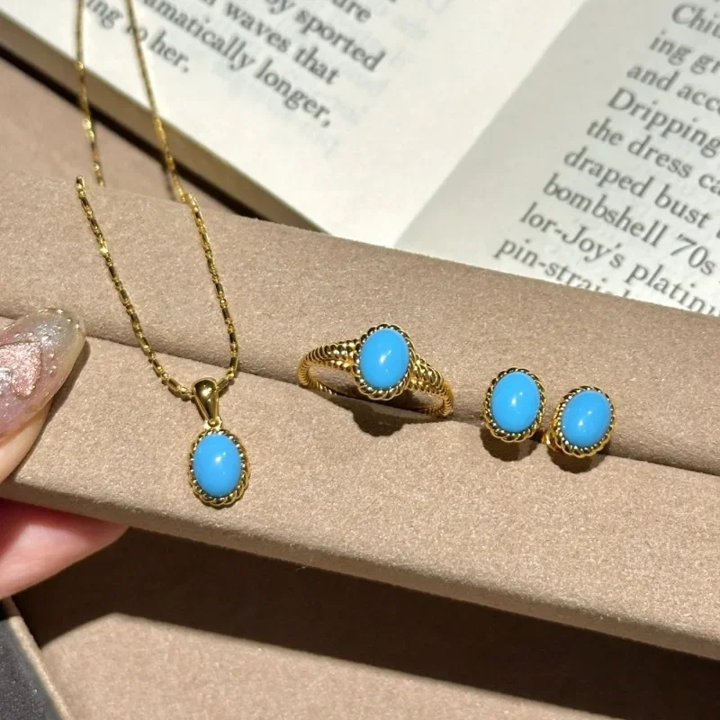 New in Charm Vintage Fried Dough Twists Turquoise Rings Necklace Earrings Fashion Simple Blue jewelry sets for women
