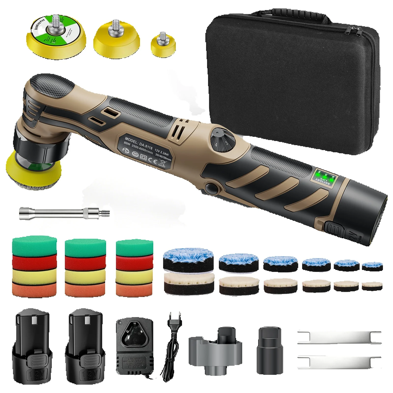 Kabelloser 12V Mini-Autopolierer, kabellose Autopoliermaschine mit 1/1,5/3 Zoll Polierpads-Set für Autowachs.