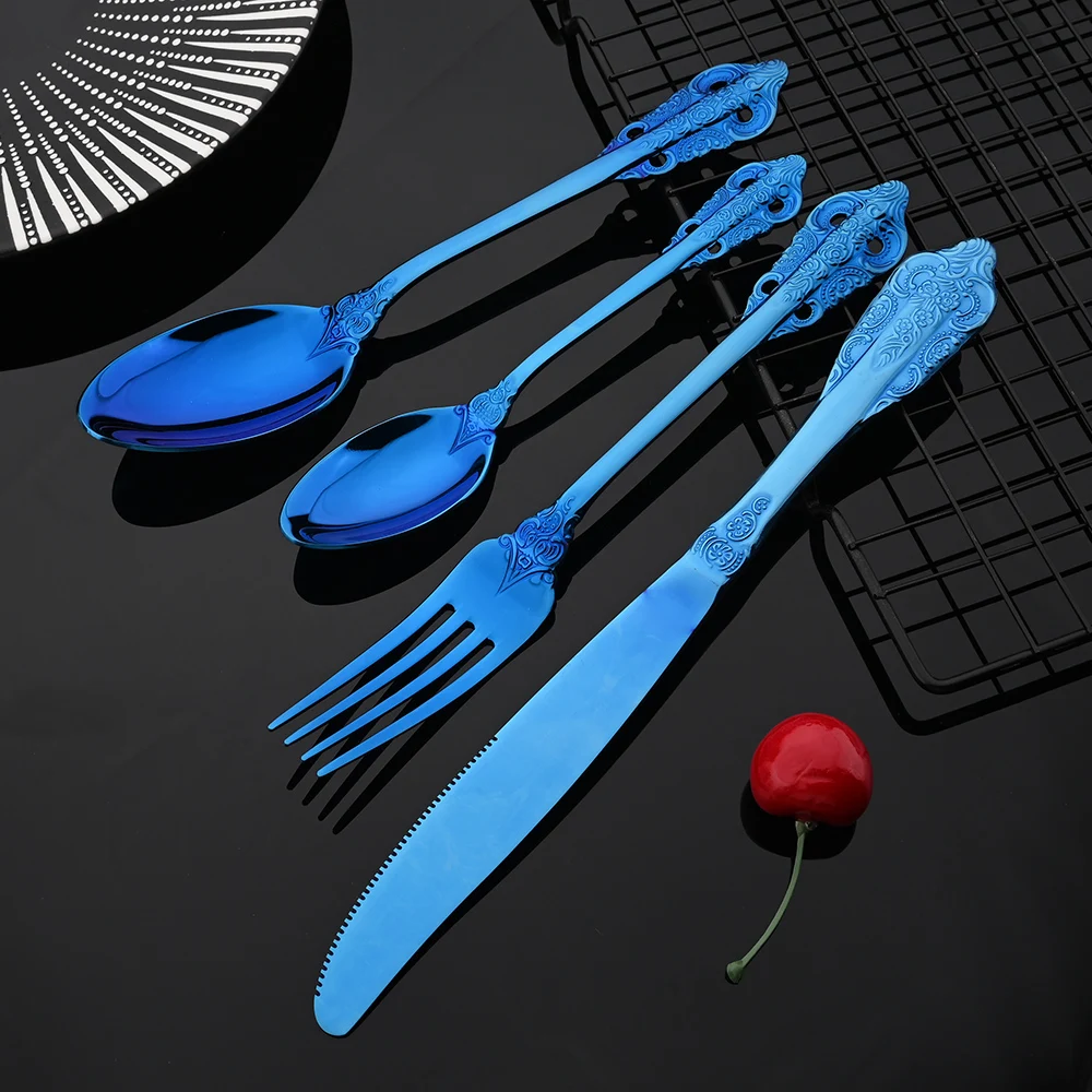 Kitchen Dinnerware Set European Blue Knife Fork Spoon Cutlery Set 16Pcs Embossed Tableware Retro Mirror Stainless Steel Flatware